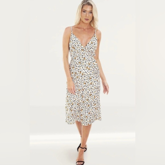 WAYF Rosie Wrap Dress Cream Animal Leopard Print Large Adjustable Straps Slit - Picture 1 of 13